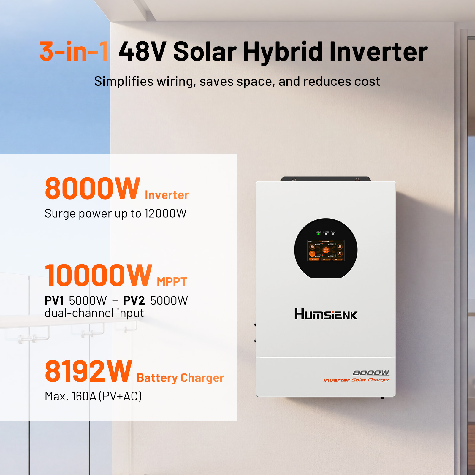 Humsienk 48V 8KW 3-in-1 Solar  - огляд і ціна Mppt Hybrid Inverter 48V 8Kw 3 Phase